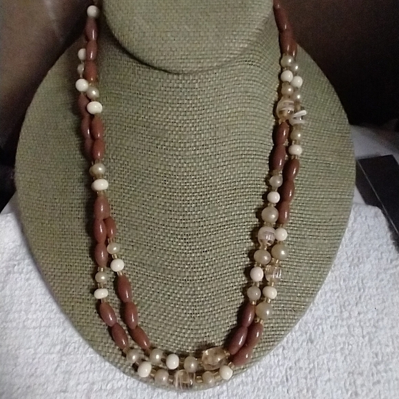 Vintage Jewelry - Brown white bead necklace long